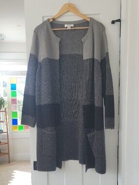 CJ Banks Long Open-Front Colorblock Cardigan in Gray and Black